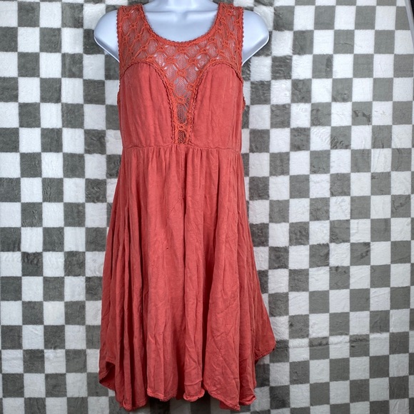 Free People Dresses & Skirts - Free People dress sleeveless boho coral orange pink dress crochet tank